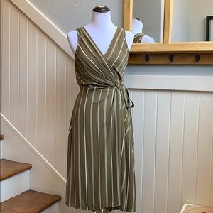 Ann Taylor Stripe Belted Wrap Dress In Olive Sprig